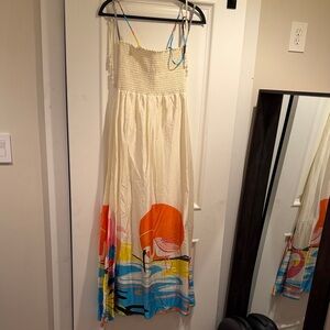 Maaji Cream Maxi Dress with Orange, Blue, Pink and Yellow Beach Print